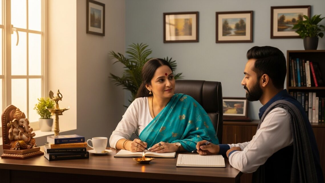 “Online astrology consultation setup for career guidance using laptop, charts visible, calm environment, realistic style”